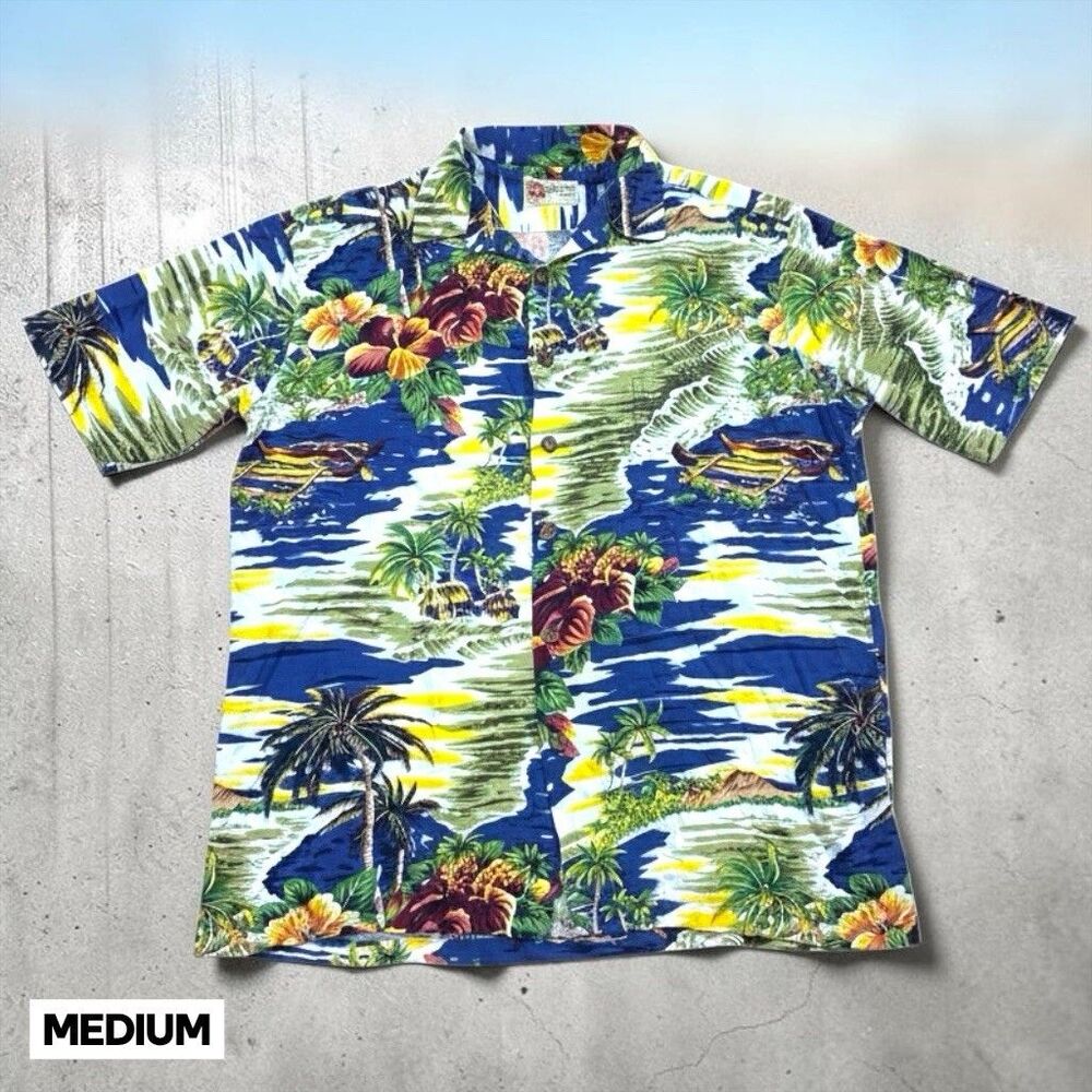 Vintage Shirt Hawaiian Original Hilo Hattie Mens MED‎ Tropical Canoe Palm Trees